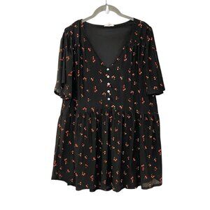 Siren Lily Cherry Print Retro Pinup Henley Babydoll Tunic Top Black Red Stretch